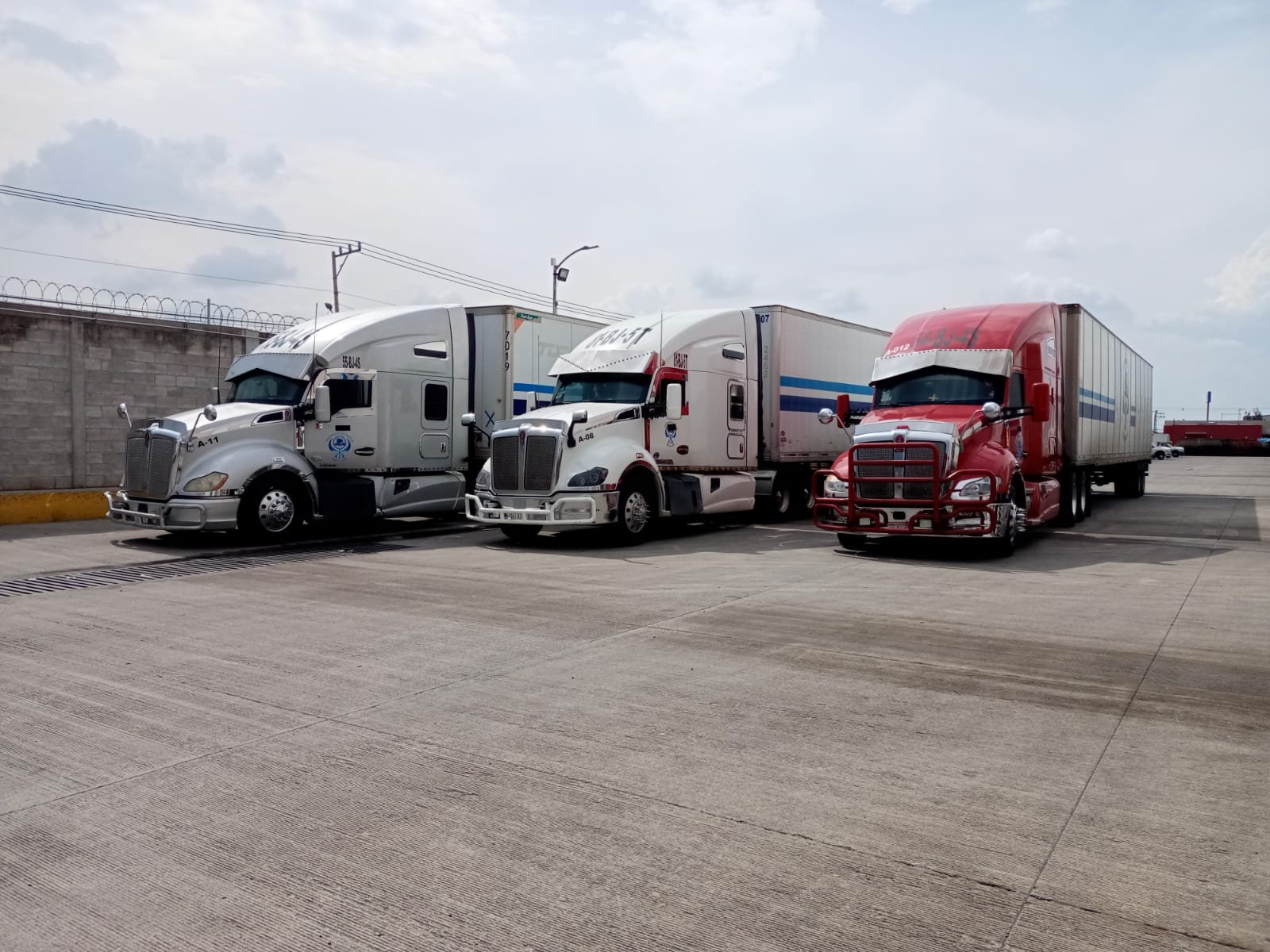 Tractocamiones en patio A-11 · A-08 · A-012 — Transportes Narvaza